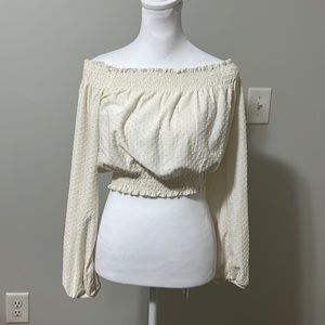 Light cream off the shoulder top with long sleeves
